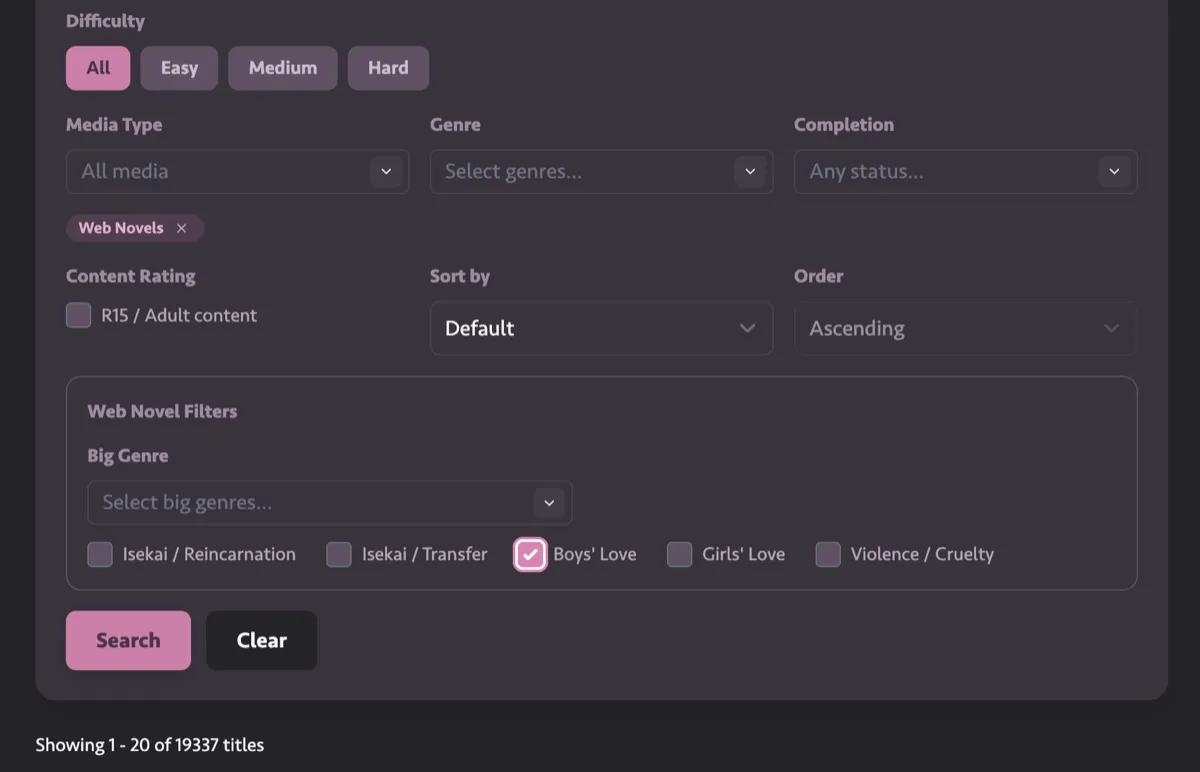 The Yomi Sensei catalog search screen with the Web Novel and BL filters selected